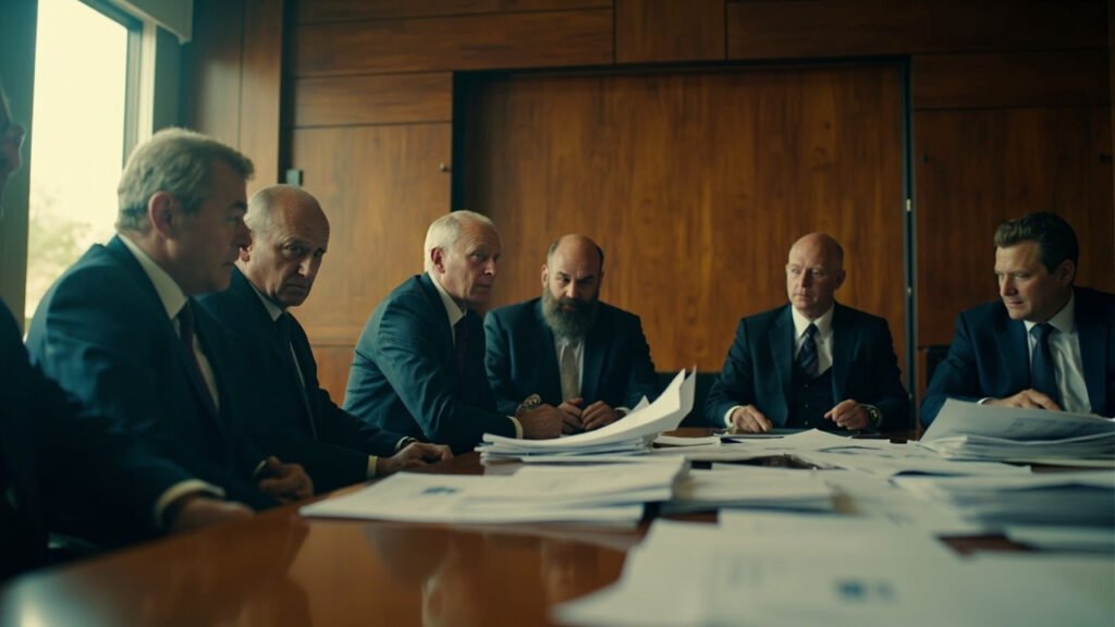 Seven-person panel evaluates applications in a wood-paneled boardroom with scattered documents and serious expressions, natural light from large window creating shallow depth of field