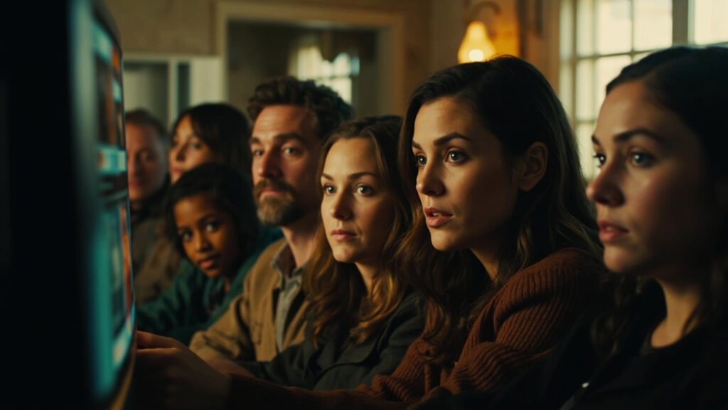 Diverse group of people gathered around a television in a cozy living room watching streaming shows with expressions of suspense and engagement