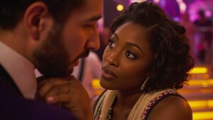 Cynthia Erivo giving feedback to a starstruck contestant on the Strictly Come Dancing set under soft studio lighting