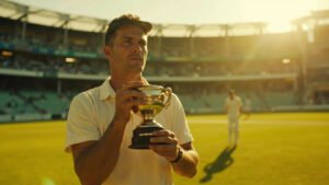 Australian cricketer holding Ashes urn confidently while looking towards dejected English player on empty pitch in sun-drenched stadium