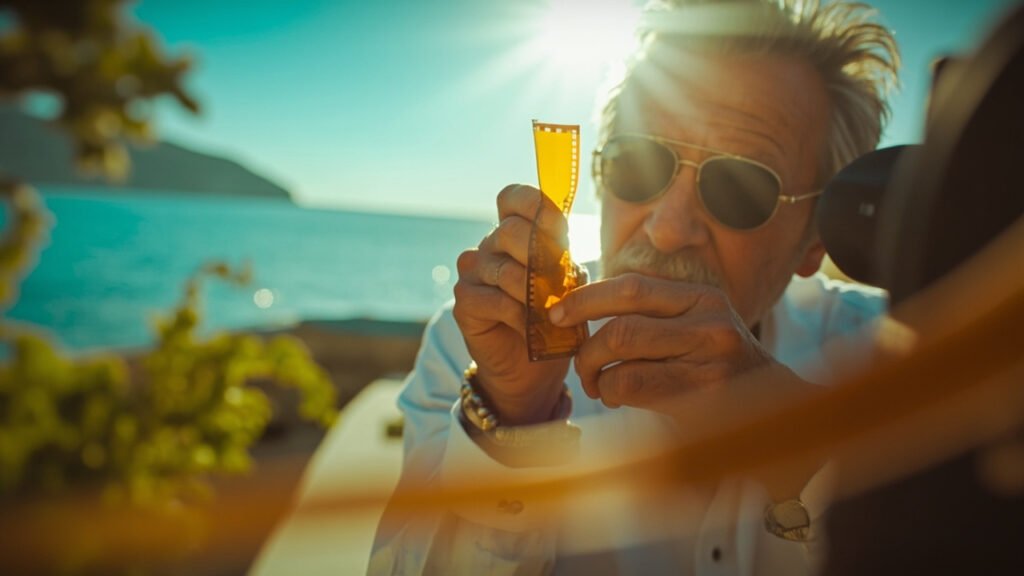 Director's hands holding a 35mm film strip against the French Riviera backdrop at Cannes Film Festival