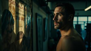IBF welterweight champion Lewis Crocker contemplatively looking at a fight poster in a Belfast gym, natural lighting casting soft shadows