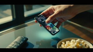 Hand placing glowing smartphone displaying Squid Game and The Bear scenes on modern coffee table with remote and popcorn